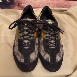 Coach Brown Signature Logo Sneakers with Metallic Gold Panels